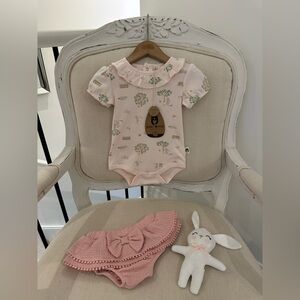 3~6 Mth Organic Pink Cotton Onesie and Bloomers Set With Hair Bow NWT